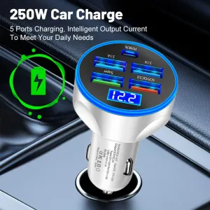 250W 5-Port USB Car Charger - Type C Fast Charging PD QC3.0 Super Charger Adapter