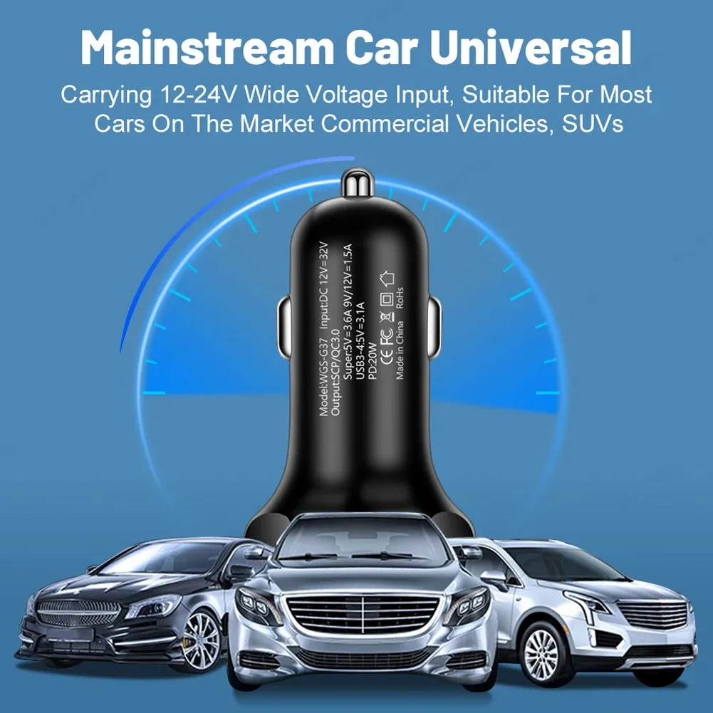 250W 5-Port USB Car Charger - Type C Fast Charging PD QC3.0 Super Charger Adapter