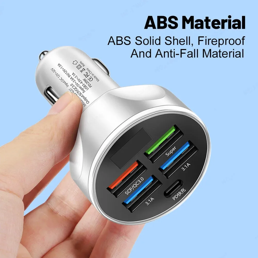 250W 5-Port USB Car Charger - Type C Fast Charging PD QC3.0 Super Charger Adapter