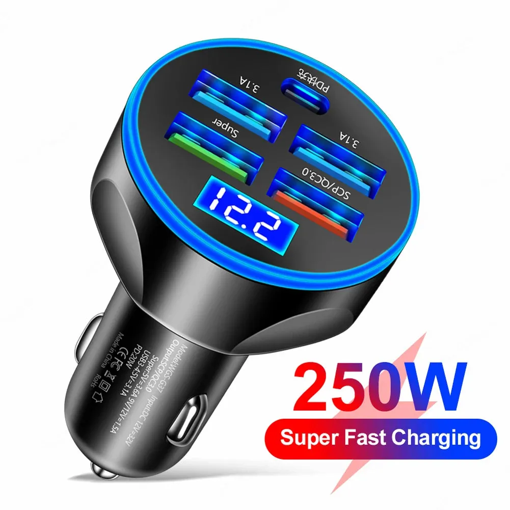 250W 5-Port USB Car Charger - Type C Fast Charging PD QC3.0 Super Charger Adapter
