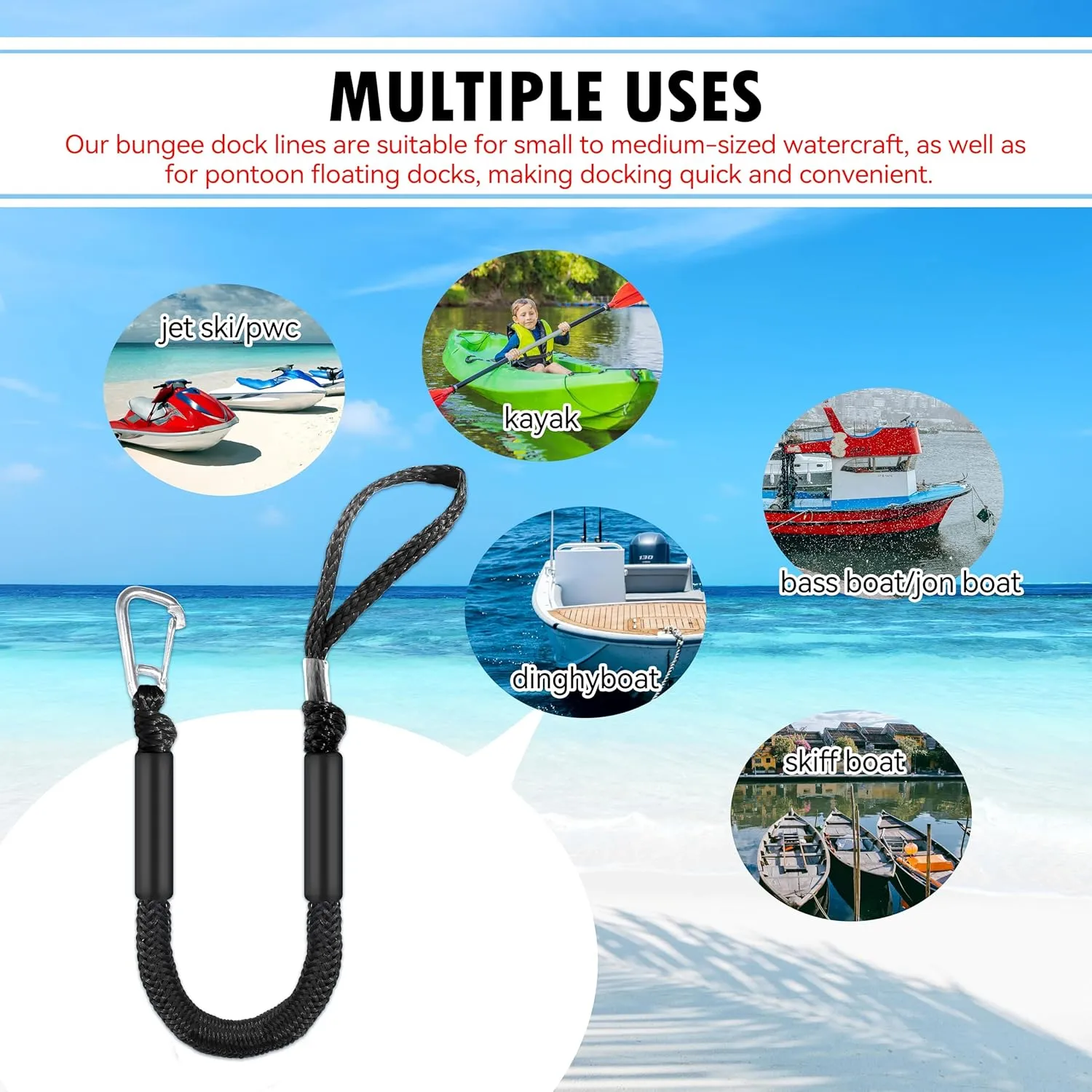 2.5ft Black Bungee Dock Line with Stainless Steel Hook - Heavy-Duty No-Knot Mooring Rope for Jet Ski, Kayak, PWC (Stretches to 3.5ft), Pack of 2