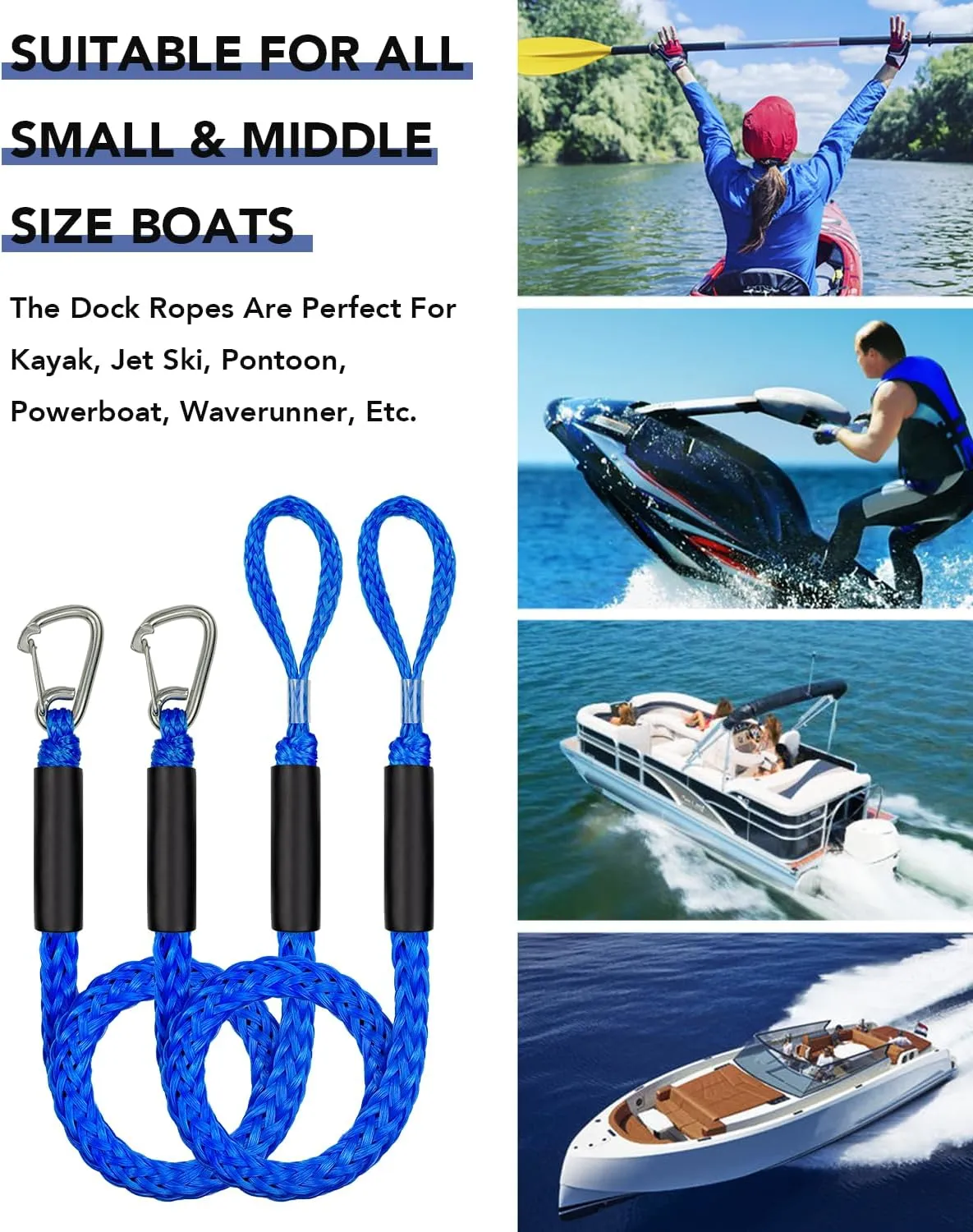 2PCS 4 Feet Bungee Boat Dock Lines with 316 Stainless Steel Clip Mooring Ropes Boat Accessories Docking Line for Boats, Fender, Pontoon,Power Boat (Blue, 4 Feet)