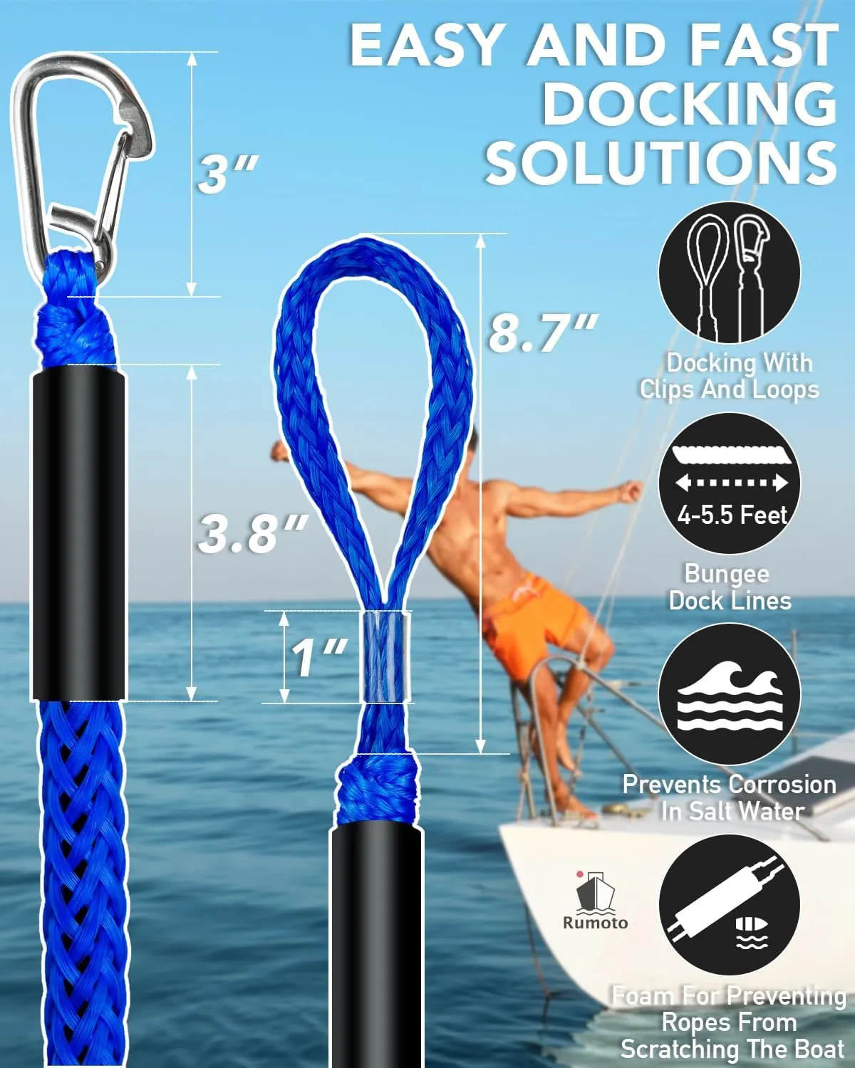 2PCS 4 Feet Bungee Boat Dock Lines with 316 Stainless Steel Clip Mooring Ropes Boat Accessories Docking Line for Boats, Fender, Pontoon,Power Boat (Blue, 4 Feet)