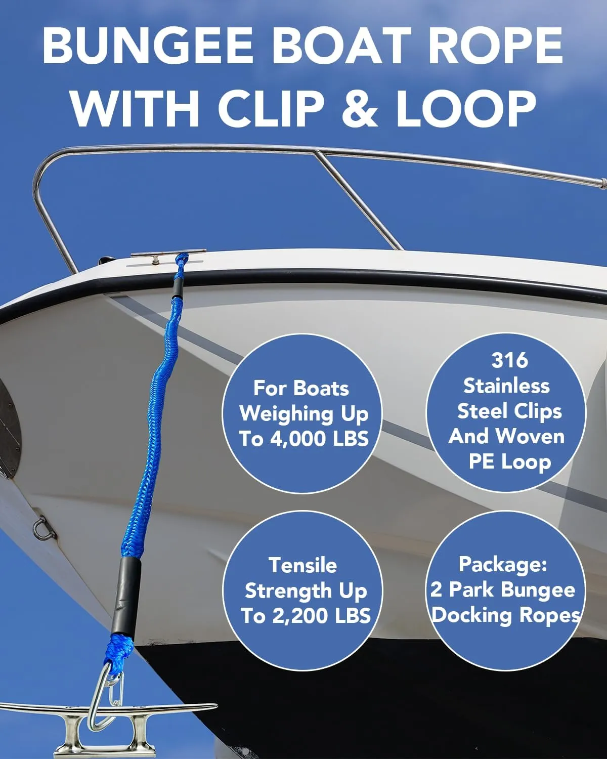 2PCS 4 Feet Bungee Boat Dock Lines with 316 Stainless Steel Clip Mooring Ropes Boat Accessories Docking Line for Boats, Fender, Pontoon,Power Boat (Blue, 4 Feet)