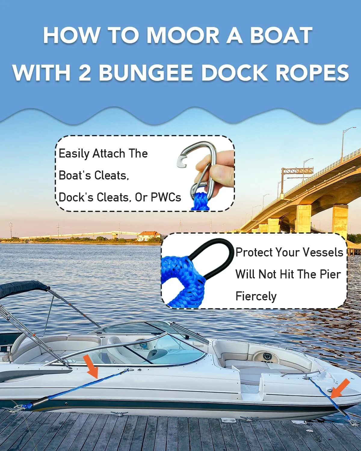 2PCS 4 Feet Bungee Boat Dock Lines with 316 Stainless Steel Clip Mooring Ropes Boat Accessories Docking Line for Boats, Fender, Pontoon,Power Boat (Blue, 4 Feet)