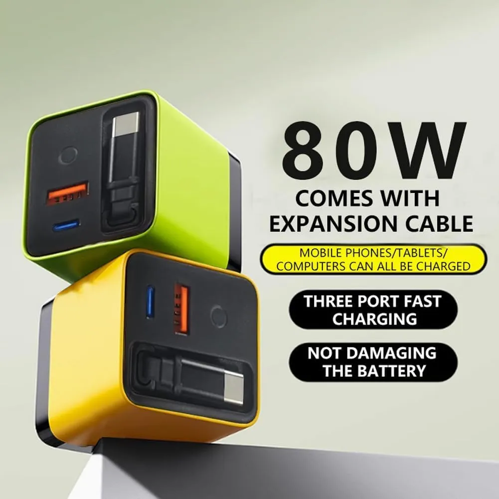 3 in 1 80 Watt Charger,Tobre Torbe 3 in 1 Gan Charger 80 Watt, Scalable 80w Max Fast Charger Module with Type-c Cable and 2 USB Ports (Yellow)