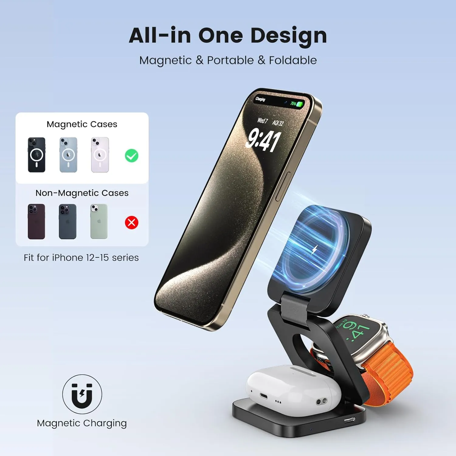 3 in 1 Charging Station for Apple, Mag-Safe Portable Charger Dock, Foldable Travel Charger for Apple Multiple Devices, Wireless Charger for iPhone 16 15 14 13 12, for Apple Watch, for Airpods