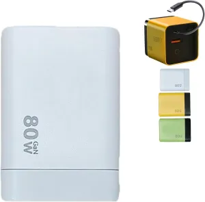 3 in 1 Gan Charger, 80 Watt All in One Charger, Retractable Phone Wall Plug with Type-C Cable and 2 USB Ports, for Phones,Tablets,Laptops (1pc-White)