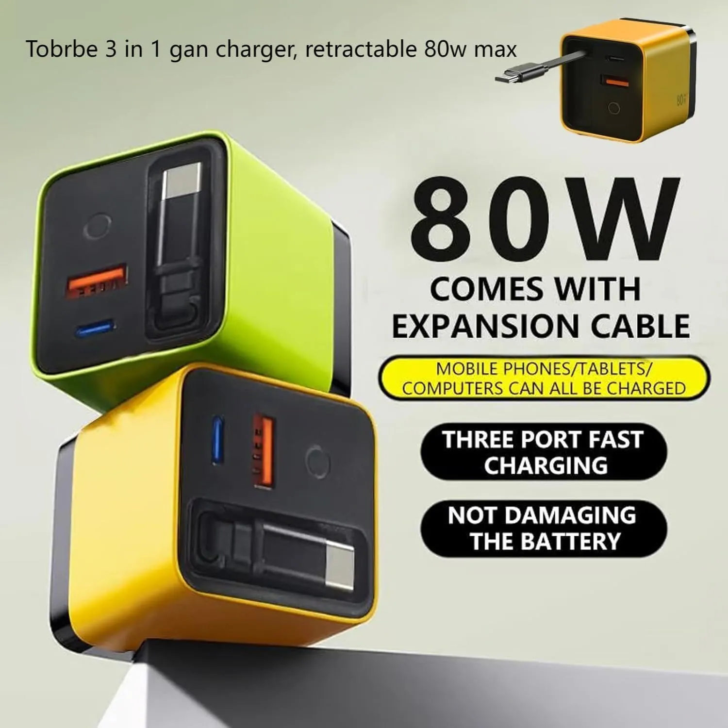3 in 1 Gan Charger, 80 Watt Charger, Scalable 80w Max Fast Charger Module with Type-C Cable and 2 USB Ports, Built-in 80cm Retractable Long Data Cable for iPhone, Phone and Laptops (Green)