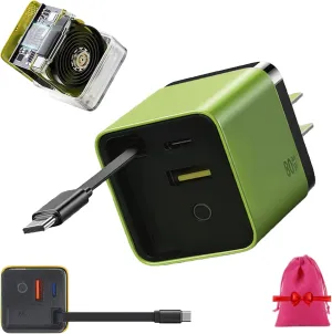3 in 1 Gan Charger, 80 Watt Charger, Scalable 80w Max Fast Charger Module with Type-C Cable and 2 USB Ports, Built-in 80cm Retractable Long Data Cable for iPhone, Phone and Laptops (Green)
