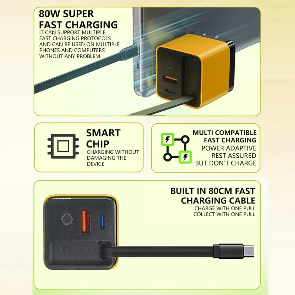 3 in 1 Gan Charger, Retractable 80w Max, 80w Charger Retractable Cable, Scalable 80wMax Fast Chargers Module with Type-C Cable and 2 USB Ports, Retractables Phone Chargers Wall Plug (Yellow Green)