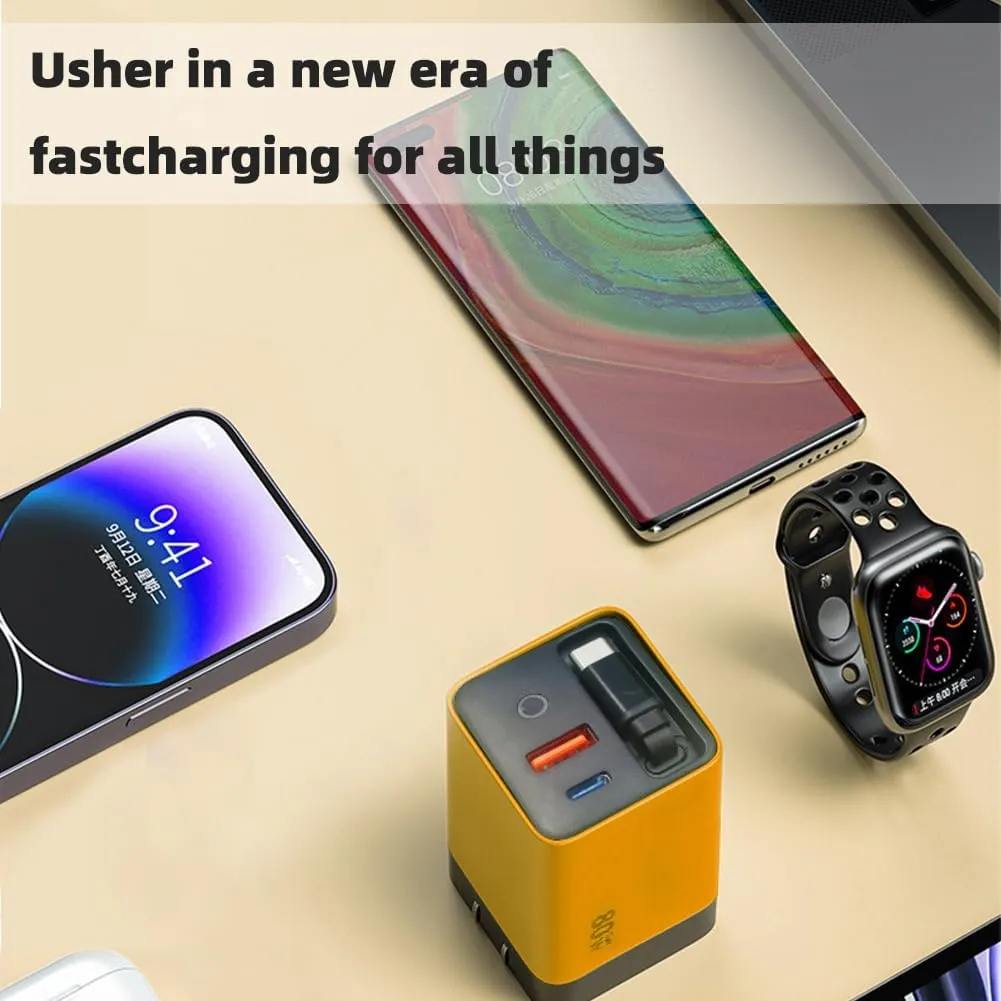 3 in 1 Gan Charger, Retractable 80w Max, 80w Charger Retractable Cable, Scalable 80wMax Fast Chargers Module with Type-C Cable and 2 USB Ports, Retractables Phone Chargers Wall Plug (Yellow Green)
