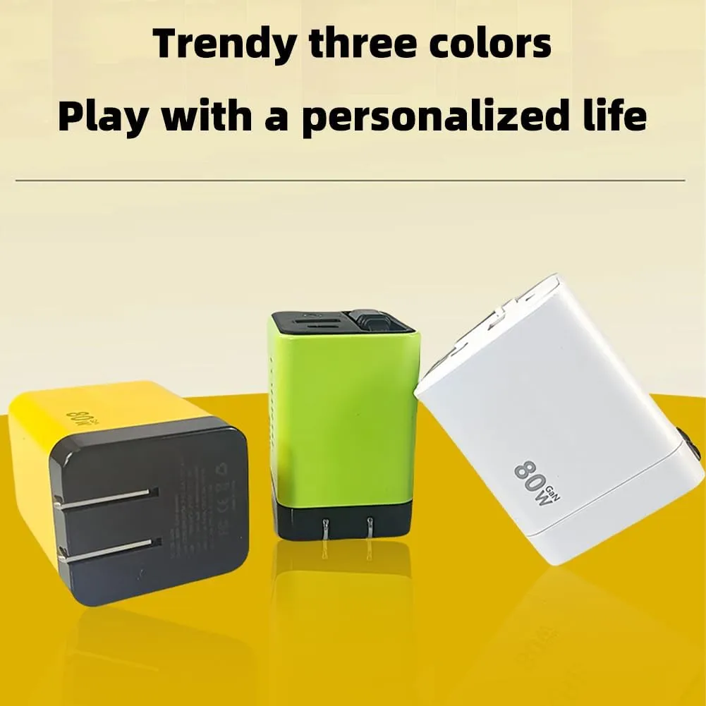 3 in 1 Gan Charger, Retractable 80w Max, 80w Charger Retractable Cable, Scalable 80wMax Fast Chargers Module with Type-C Cable and 2 USB Ports, Retractables Phone Chargers Wall Plug (Yellow Green)