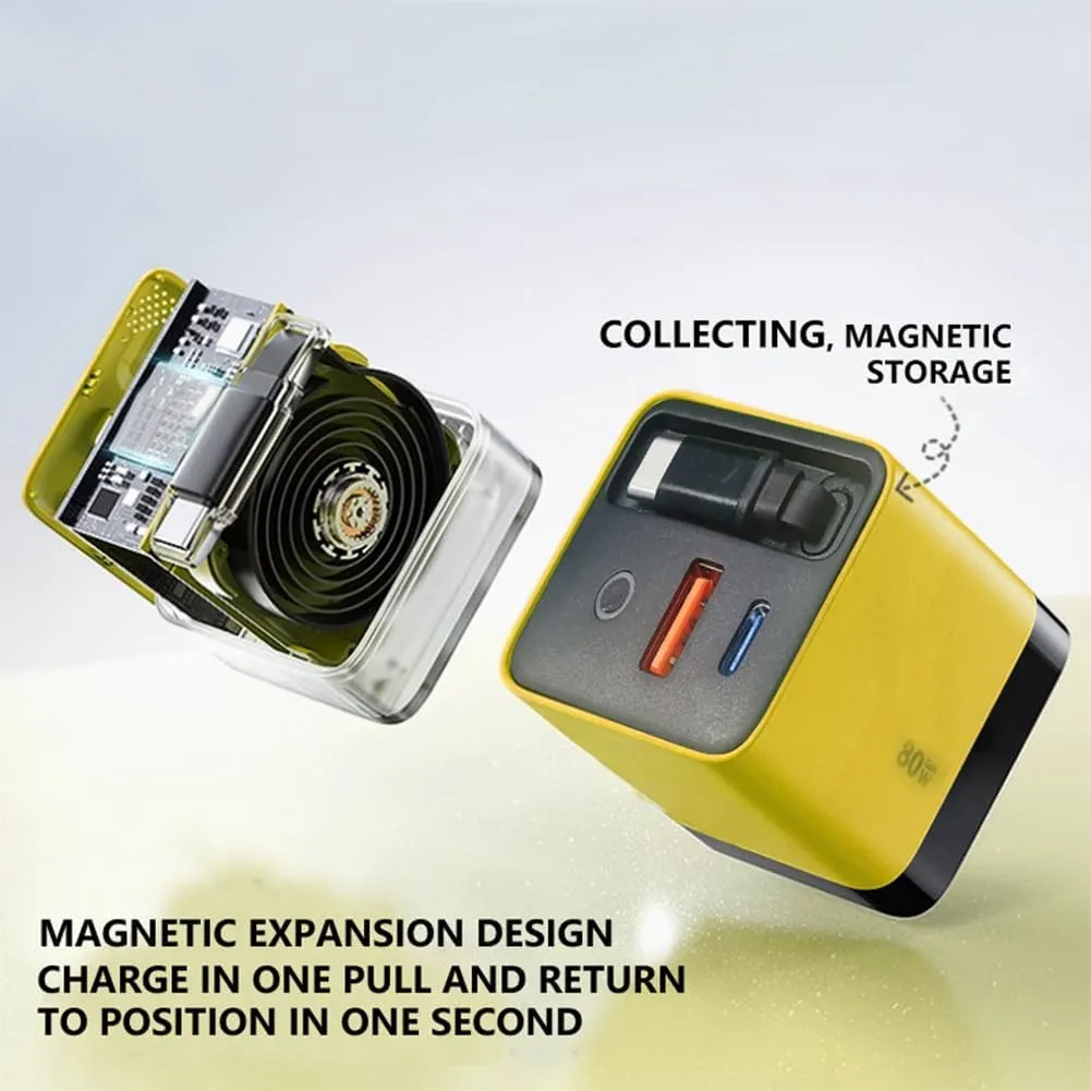 3 in 1 Gan Charger, Retractable 80w Max, 80w Charger Retractable Cable, Scalable 80wMax Fast Chargers Module with Type-C Cable and 2 USB Ports, Retractables Phone Chargers Wall Plug (Yellow Green)