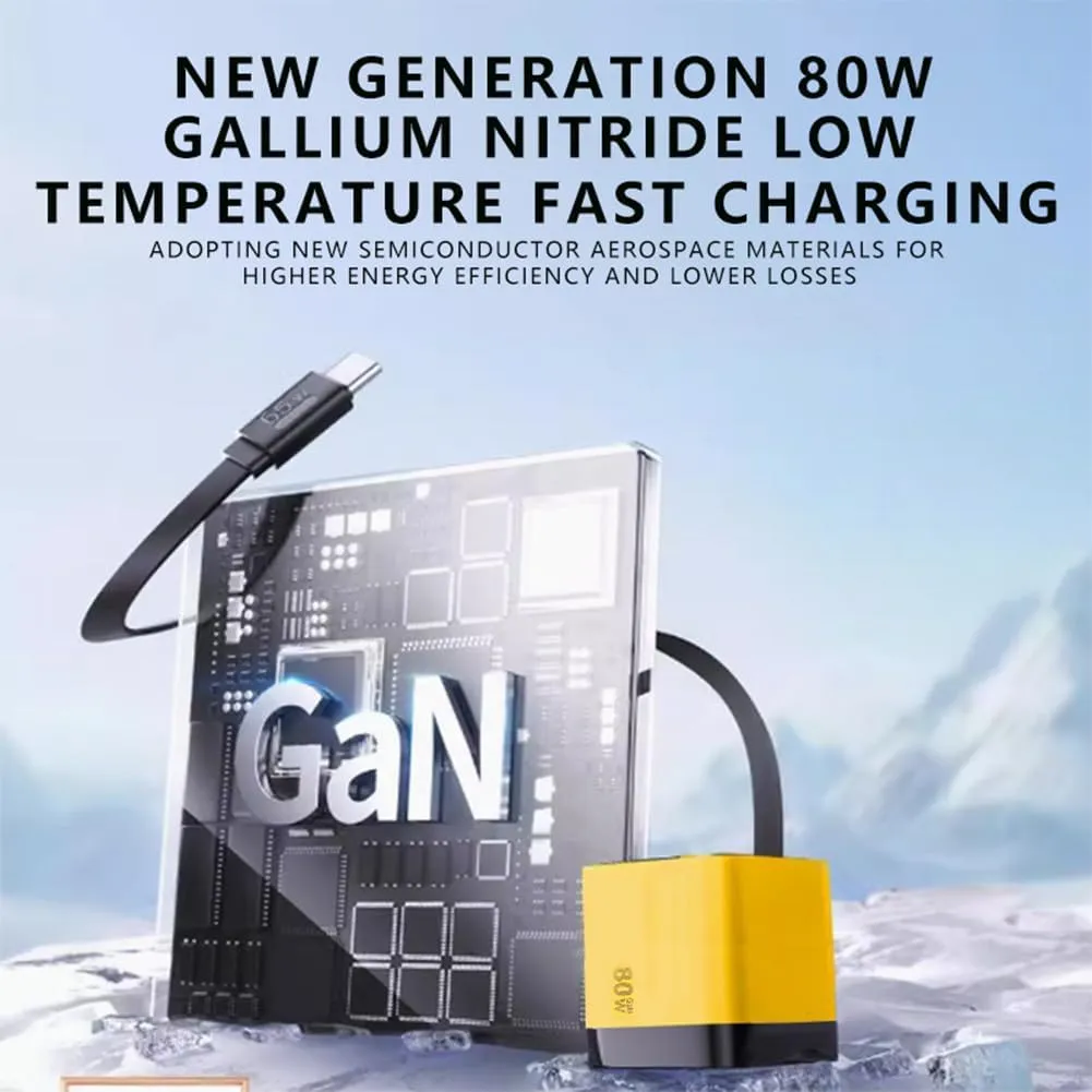3 in 1 Gan Charger, Retractable 80w Max, 80w Charger Retractable Cable, Scalable 80wMax Fast Chargers Module with Type-C Cable and 2 USB Ports, Retractables Phone Chargers Wall Plug (Yellow Green)