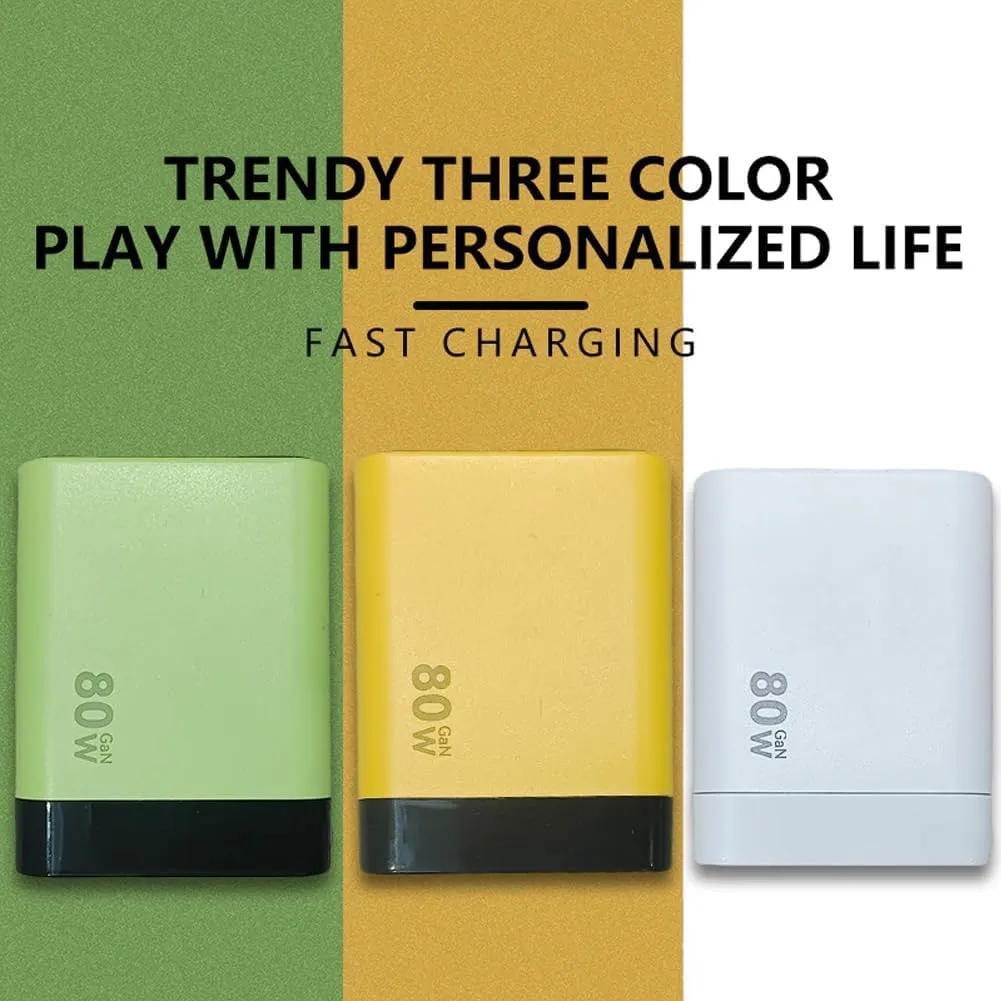 3 in 1 Gan Charger, Retractable 80w Max, with Type C Cable and 2 USB Ports, Retractable 80 Watt All in One Chargers for iPhone, Phone and Laptops (Green White)