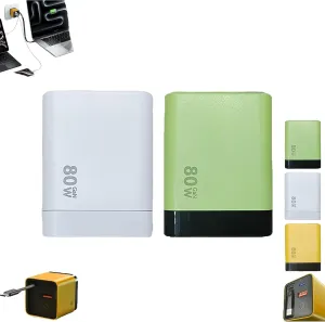 3 in 1 Gan Charger, Retractable 80w Max, with Type C Cable and 2 USB Ports, Retractable 80 Watt All in One Chargers for iPhone, Phone and Laptops (Green White)
