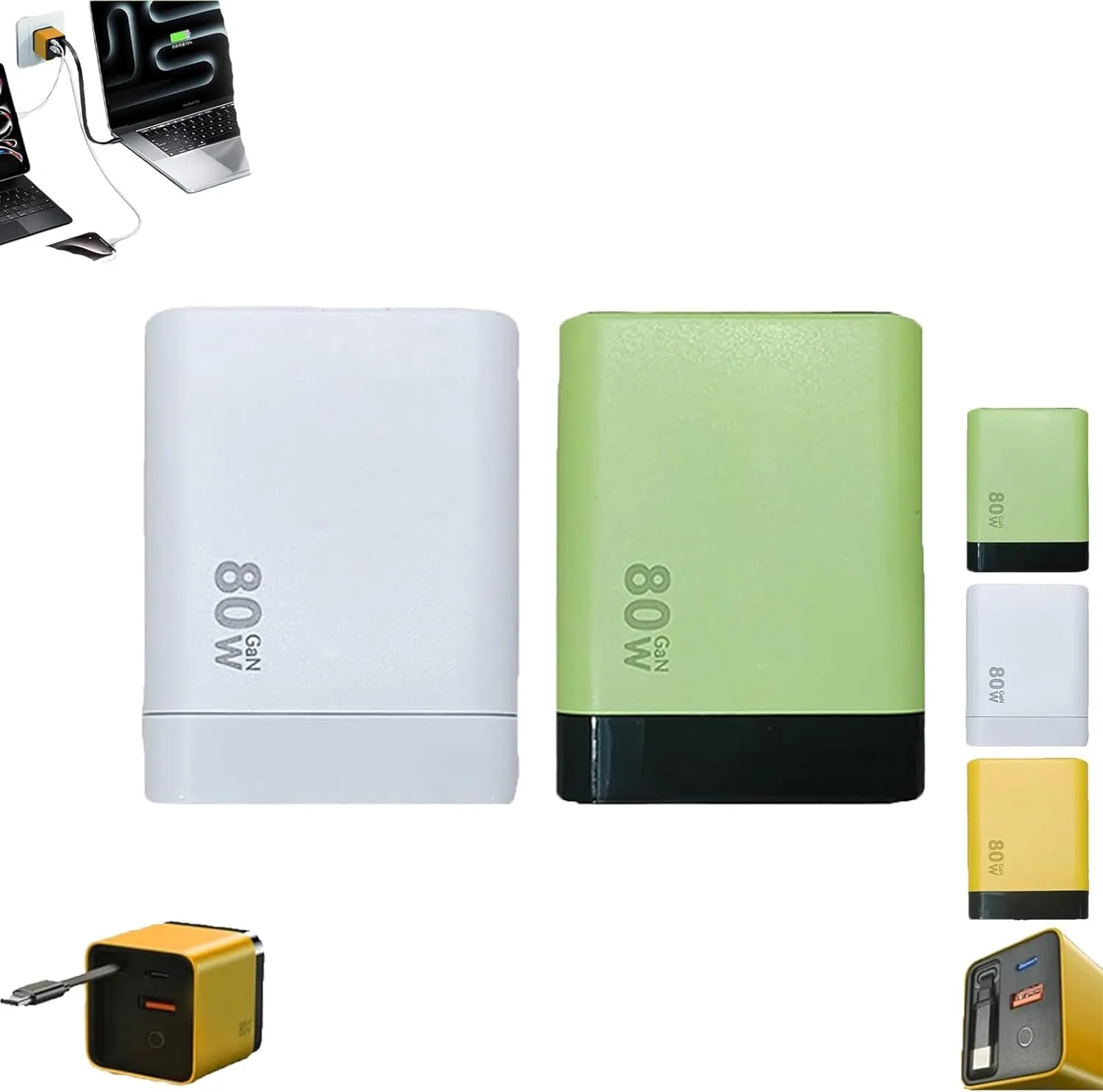 3 in 1 Gan Charger, Retractable 80w Max, with Type C Cable and 2 USB Ports, Retractable 80 Watt All in One Chargers for iPhone, Phone and Laptops (Green White)