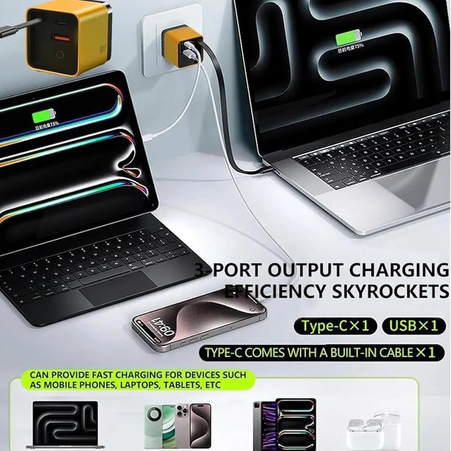 3 in 1 GaN Charger, Retractable Phone Charger Wall Plug, Scalable 80w Max Fast Charger Module with Type C Cable and 2 USB Ports, 80 Watt All in One Charger, Folding Charging for Smartphones, Laptops(W