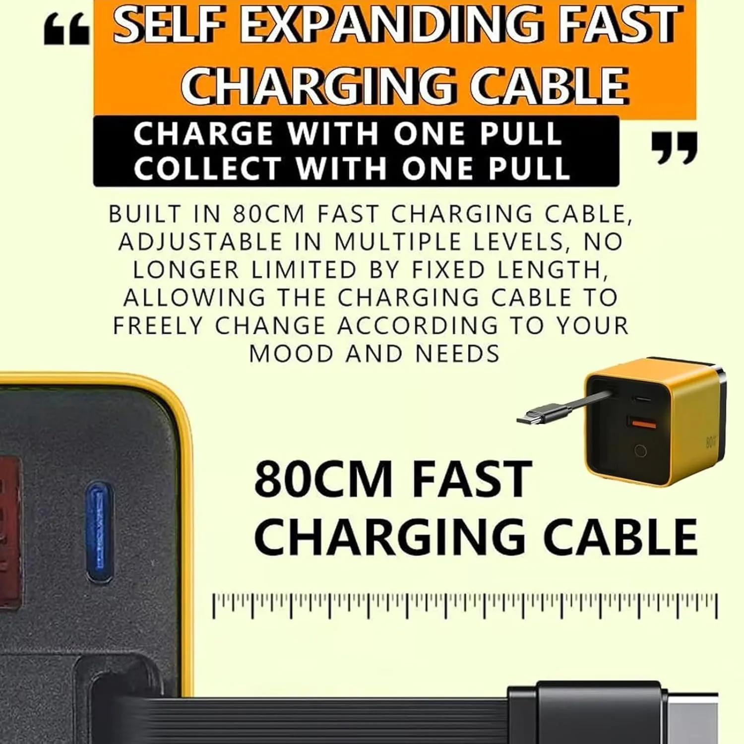 3 in 1 GaN Charger, Retractable Phone Charger Wall Plug, Scalable 80w Max Fast Charger Module with Type C Cable and 2 USB Ports, 80 Watt All in One Charger, Folding Charging for Smartphones, Laptops(W
