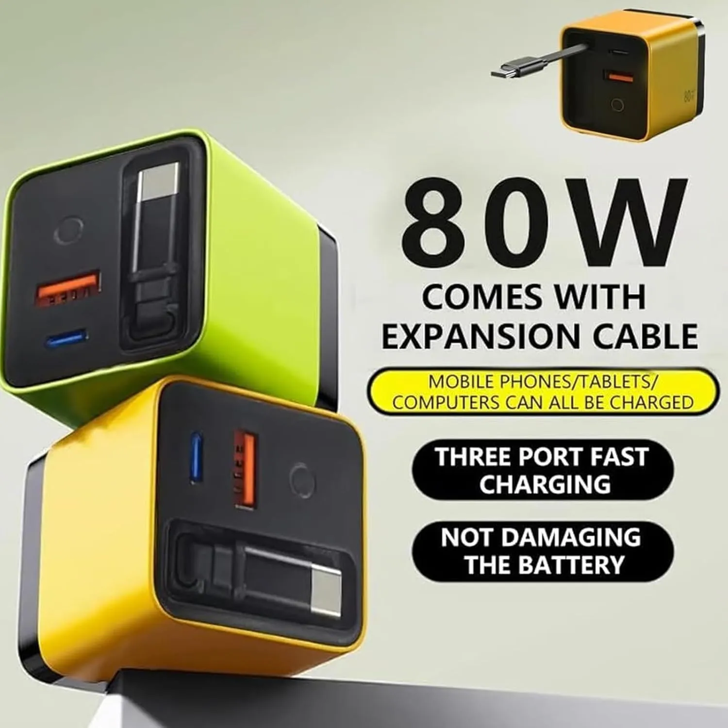 3 in 1 GaN Charger, Retractable Phone Charger Wall Plug, Scalable 80w Max Fast Charger Module with Type C Cable and 2 USB Ports, 80 Watt All in One Charger, Folding Charging for Smartphones, Laptops(W