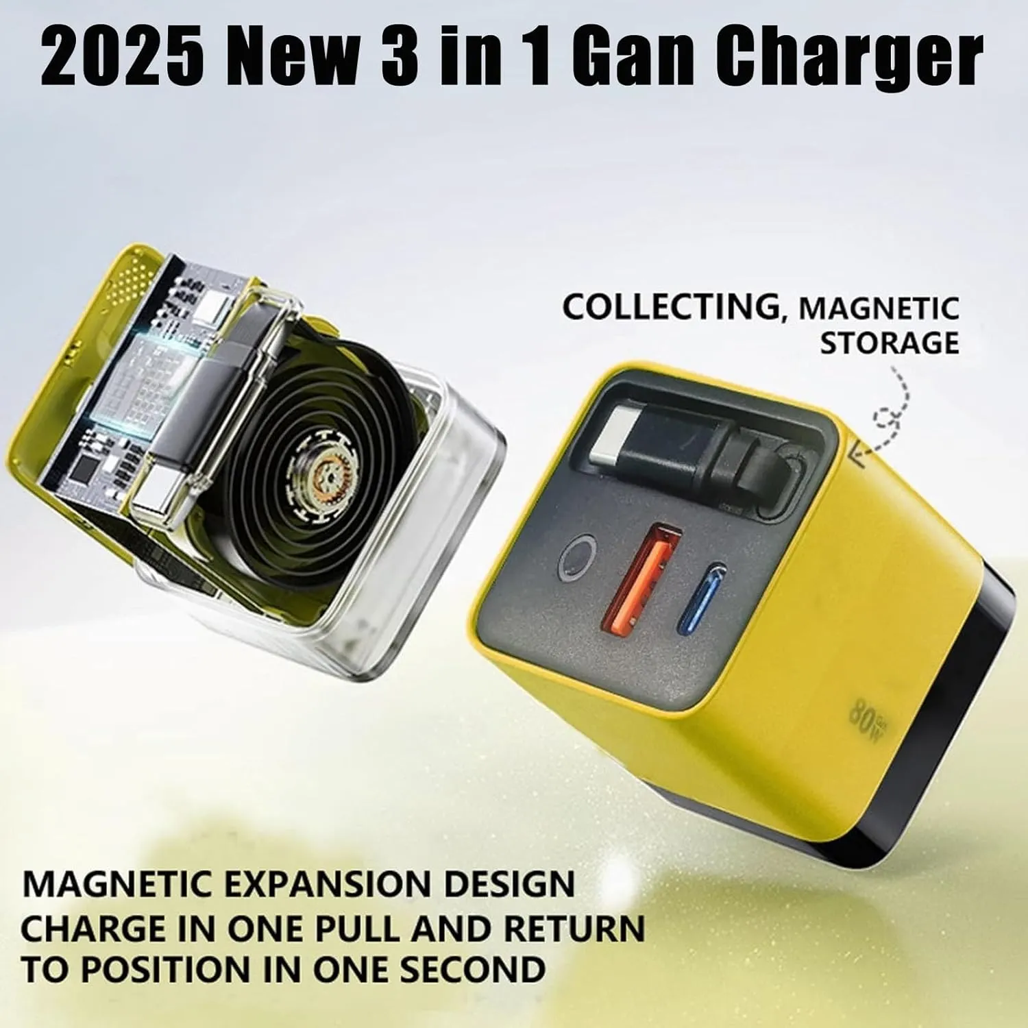 3 in 1 GaN Charger, Retractable Phone Charger Wall Plug, Scalable 80w Max Fast Charger Module with Type C Cable and 2 USB Ports, 80 Watt All in One Charger, Folding Charging for Smartphones, Laptops(W