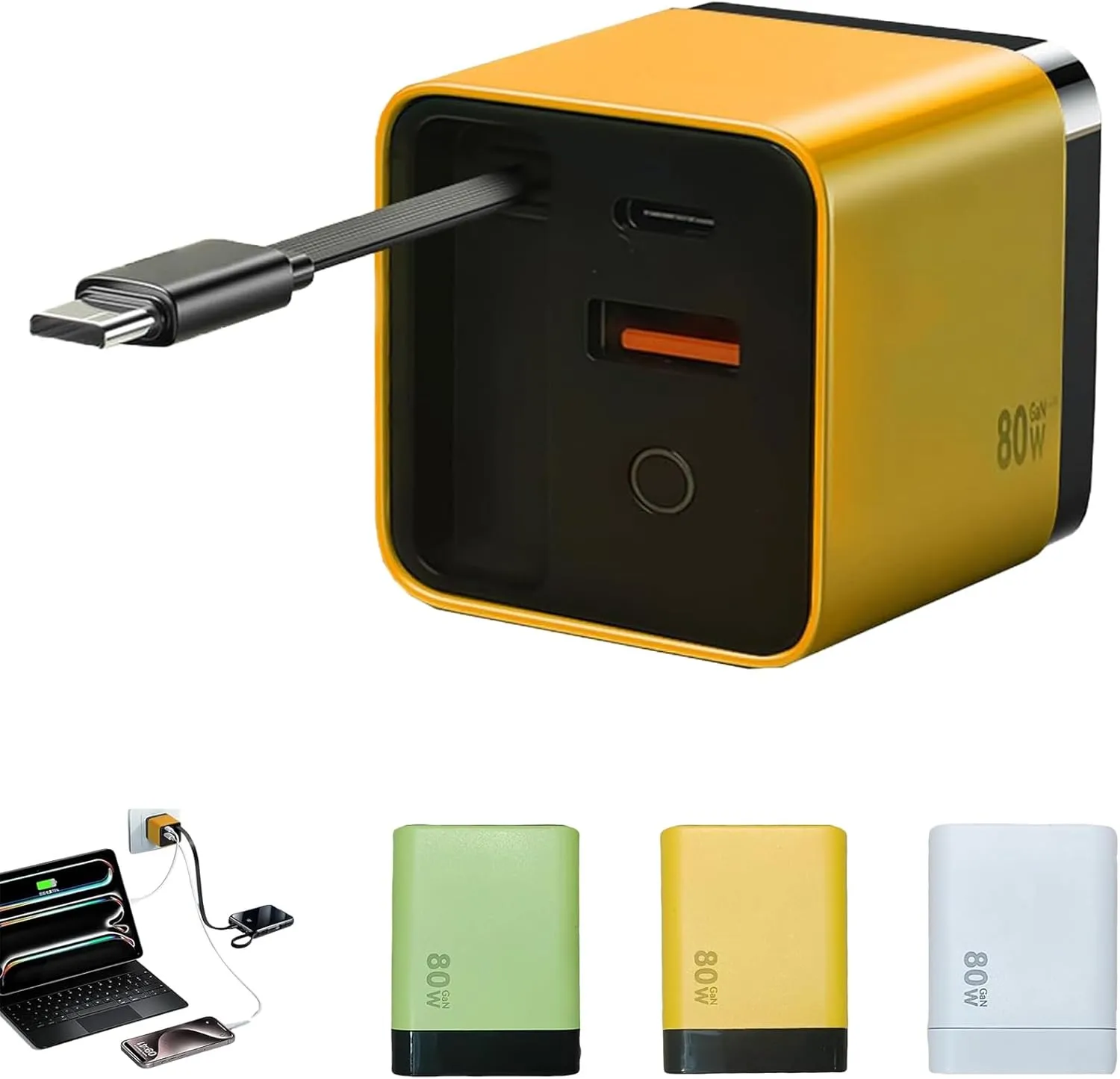 3 in 1 Gan Charger, Scalable 80W MAX Fast Charger Module with Type-C Cable and 2 USB Ports, Retractable Phone Charger Wall Plug (Yellow)