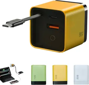 3 in 1 Gan Charger, Scalable 80W MAX Fast Charger Module with Type-C Cable and 2 USB Ports, Retractable Phone Charger Wall Plug (Yellow)