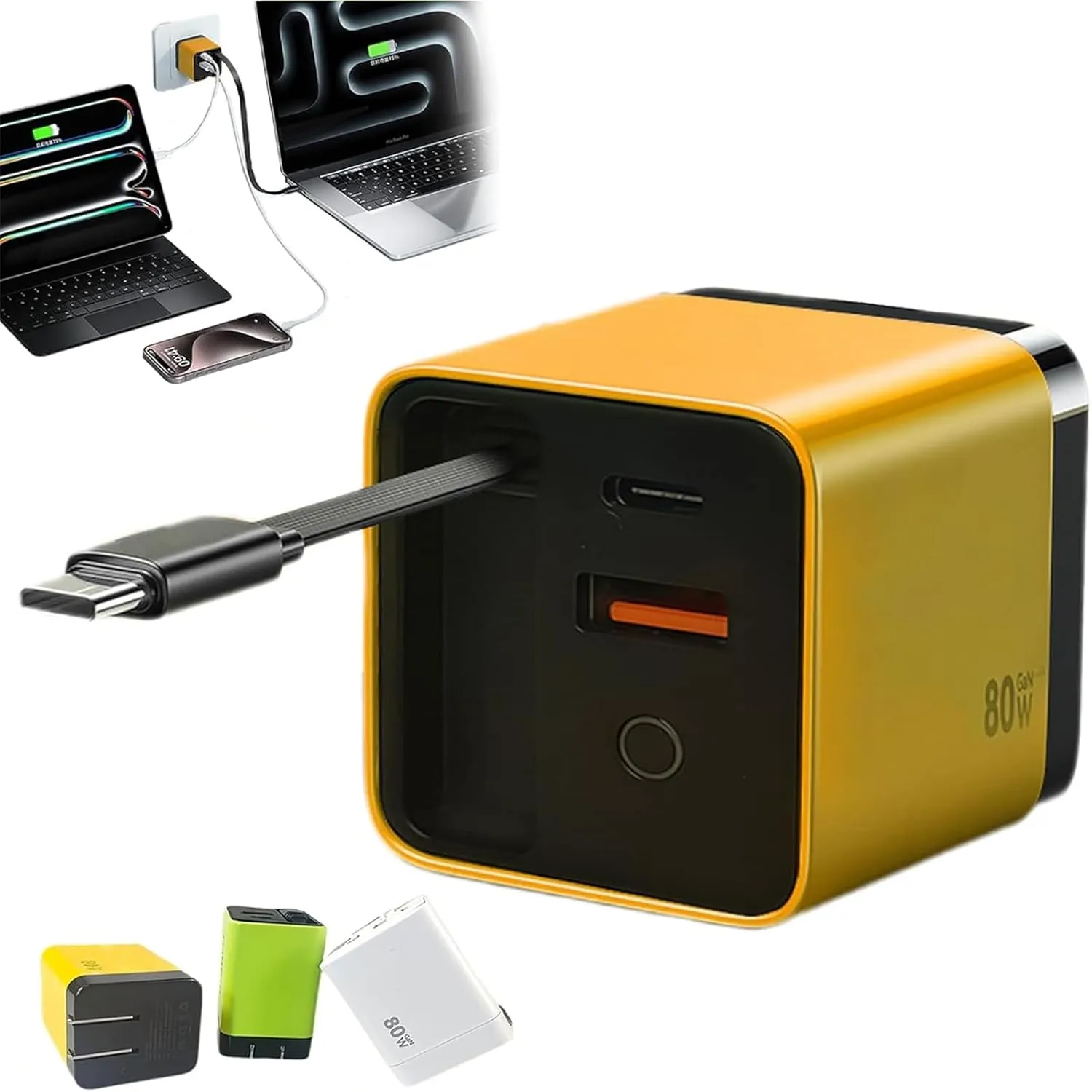 3 in 1 Gan Charger, Scalable 80W MAX Fast Charger Module with Type-C Cable and 2 USB Ports, Retractable Phone Charger Wall Plug (Yellow)