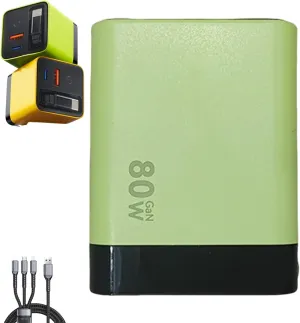 3 in 1 Gan Charger — Scalable 80w Max Fast Charger Module with Type-C Cable and 2 USB Ports — Retractable Portable 80 Watt All in One Chargers (Green)