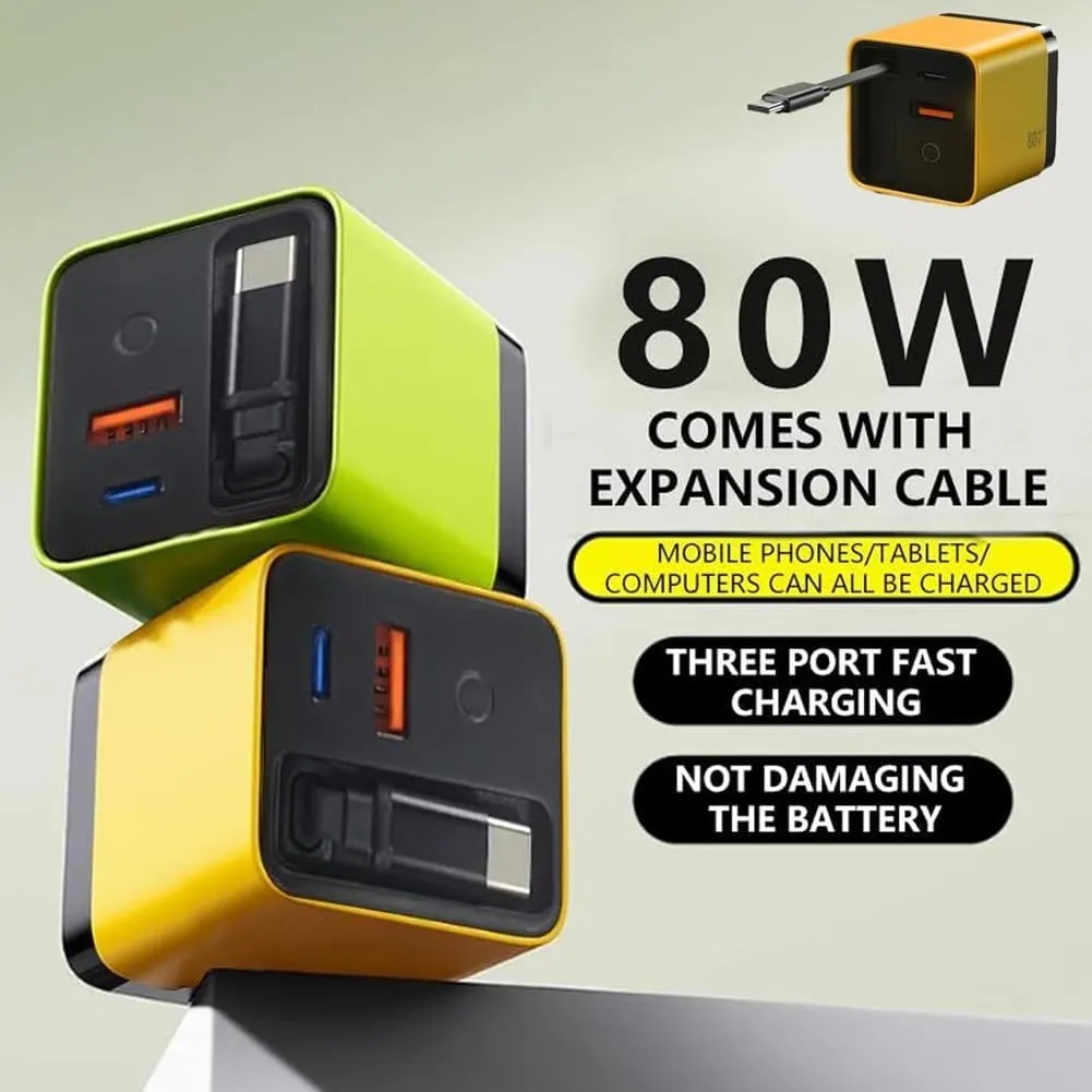 3 in 1 Gan Chargers,Scalable 80w Max Fast Charger Module with Type-C Cable and 2 USB Ports, Retractable Phone Charger Wall Plug for iPhone, Phone and Laptops with Fast Charging Cable(2CPS Green)