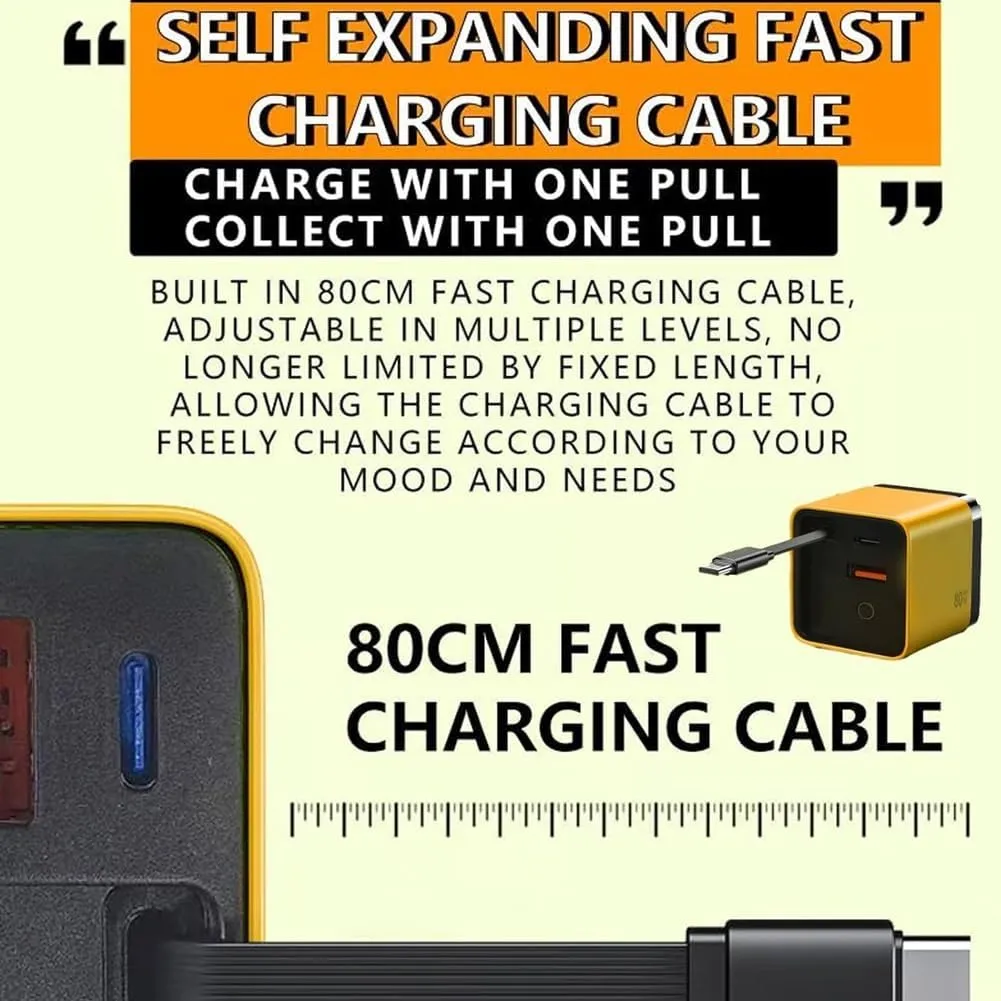 3 in 1 Gan Chargers,Scalable 80w Max Fast Charger Module with Type-C Cable and 2 USB Ports, Retractable Phone Charger Wall Plug for iPhone, Phone and Laptops with Fast Charging Cable(2CPS Green)