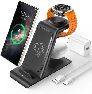 3 in 1 Wireless Charging Station for Samsung Wireless Charger for Galaxy Watch 7/6/5/Pro/4, Galaxy S25/Ultra/S25 /S24/S23/Note 20/10/Z Flip 6/5 Fold 6/5 Galaxy Buds 3/2/Pro/Live Multiple Devices