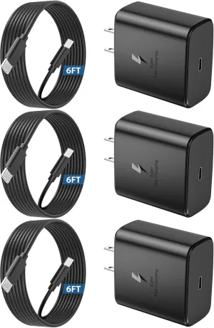 [3 Pack] 45W Super Fast Charger USB C Replacement for Samsung phone Charger 45 Watt USB-C Charger,type c chargers fast charging for Galaxy S25 Ultra/S25/S24 Ultra/S24/S23/S22 Ultra,Tab S7/S8,6ft Cable