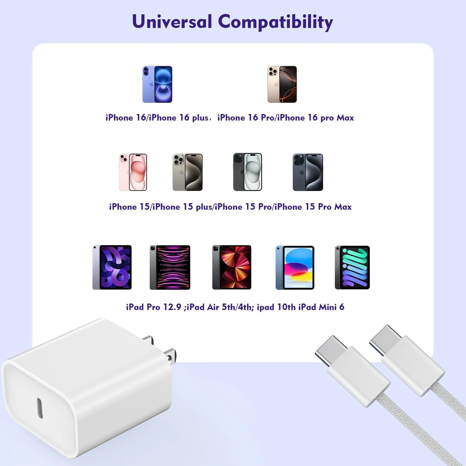[3 Pack]Long 10FT iPhone 16 15 Charger 20W Fast Wall Charger Block,10Foot USB C to C Braided Woven Cable Fast Charging for iPhone 16/16 Pro/16 Pro Max/16 Plus/iPhone 15/15 Pro/15 Pro Max/iPad 12.9 Pro