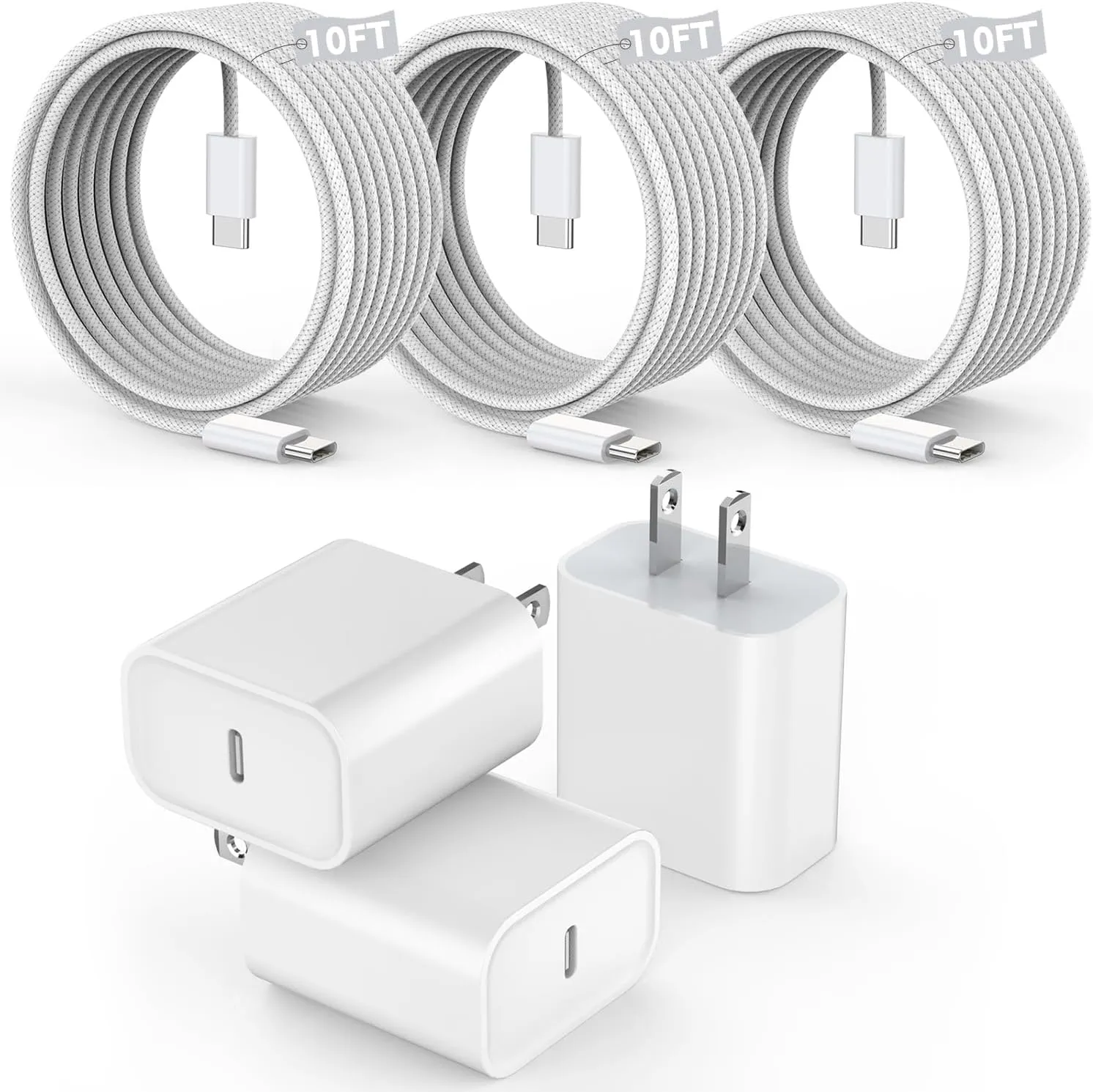 [3 Pack]Long 10FT iPhone 16 15 Charger 20W Fast Wall Charger Block,10Foot USB C to C Braided Woven Cable Fast Charging for iPhone 16/16 Pro/16 Pro Max/16 Plus/iPhone 15/15 Pro/15 Pro Max/iPad 12.9 Pro