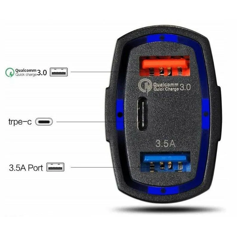3 Port USB PD Quick Fast Car Charger QC3.0 Adapter Cigarette Lighter Socket