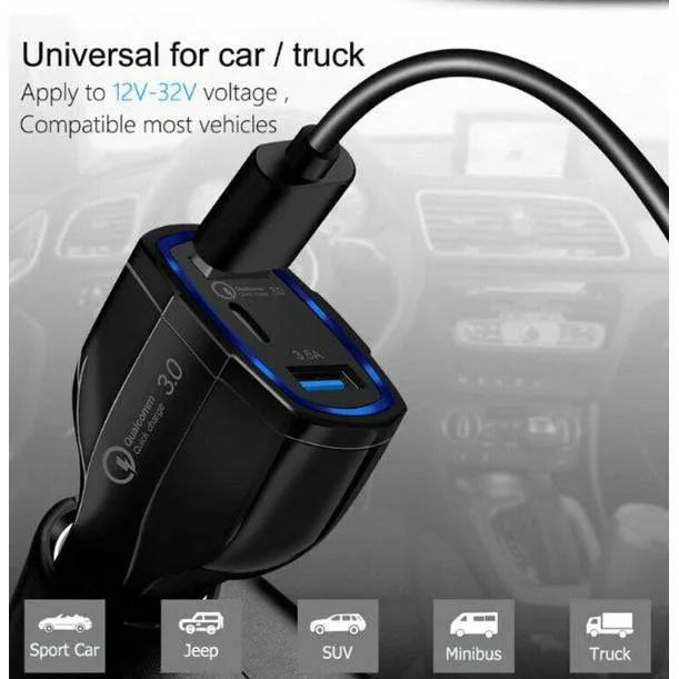 3 Port USB PD Quick Fast Car Charger QC3.0 Adapter Cigarette Lighter Socket
