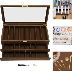 3-Tier Knife Display Case Vintage Pocket Knife Storage Box Lockable Knife Display Stand Holder with Clear Glass Top Rectangular Knife Collection Case Organizer with Drawers for Men Gift, Brown