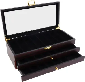 3-Tier Lockable Knife Display Case with Glass Lid - Vintage Ebony Wood Knife Storage Box with 22 Compartments, Flannelette Lining & Metal Hinges for Collectible Knives