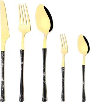 30-Piece Retro Wooden and Marble Texture Tableware flatware Set With Silver Mirror Polished Stainless Steel Dinnerware, Service For 6 (Black Gold)