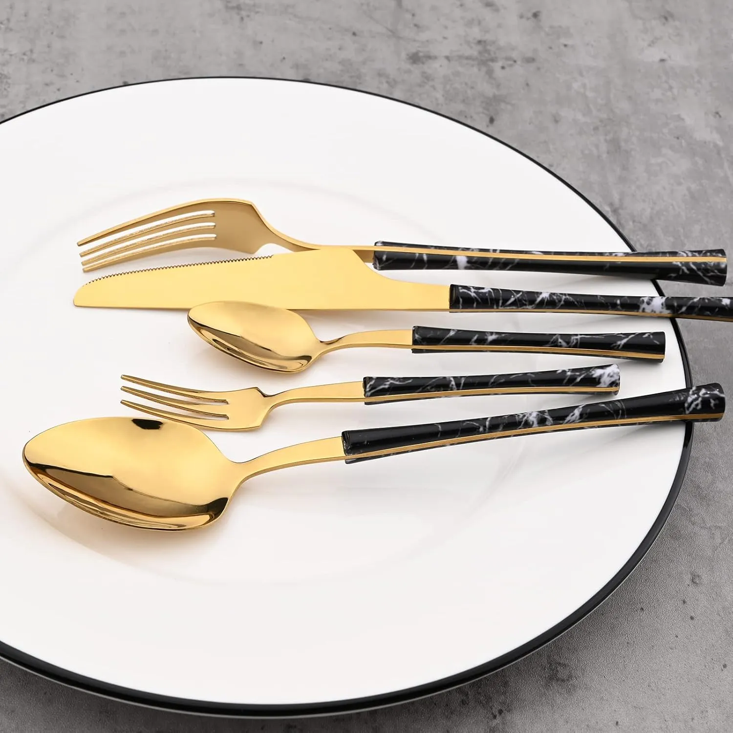 30-Piece Retro Wooden and Marble Texture Tableware flatware Set With Silver Mirror Polished Stainless Steel Dinnerware, Service For 6 (Black Gold)