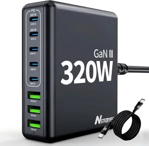 320W USB C Charger Block 8 Port Fast Charging Station Hub Upgraded GaN III PD 100W Laptop Charger Adapter Compatible with MacBook Pro/Air, DELL,iPad, iPhone16/15, Galaxy, Steam Deck (Black)