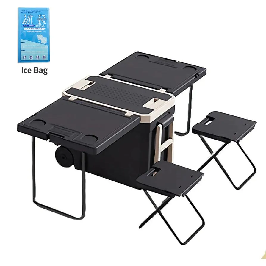 32L Cooler Box With Table And Chairs, Multifunctional Outdoor Camping Foldable Table and Chair Cooler Box