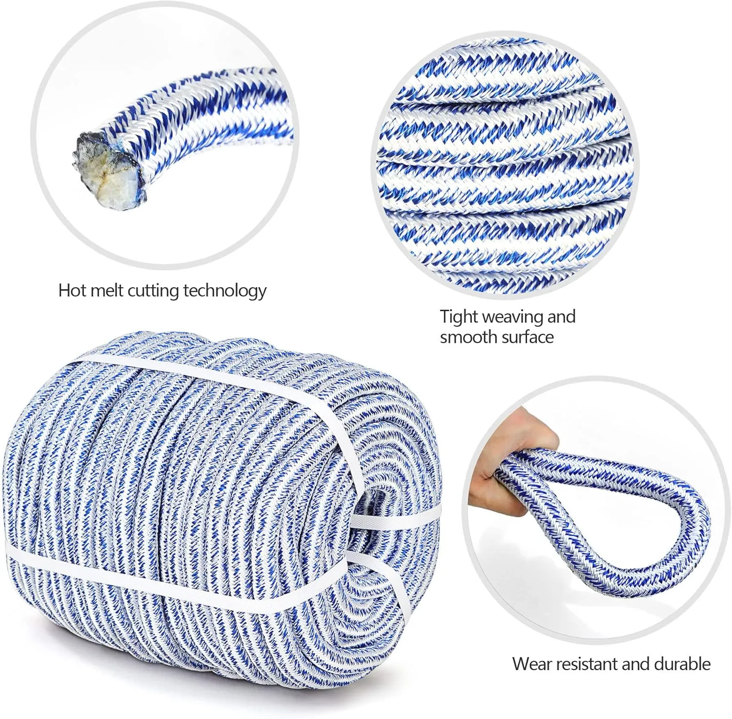 3/4 in 200 FT 24 Strand Braided Rope Bull Rope for Tree Work Multipurpose Polyester Pulling Rope Suitable for Arborist Swing Tree Felling Blue White