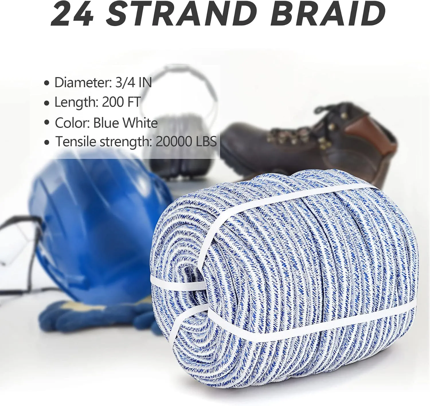 3/4 in 200 FT 24 Strand Braided Rope Bull Rope for Tree Work Multipurpose Polyester Pulling Rope Suitable for Arborist Swing Tree Felling Blue White