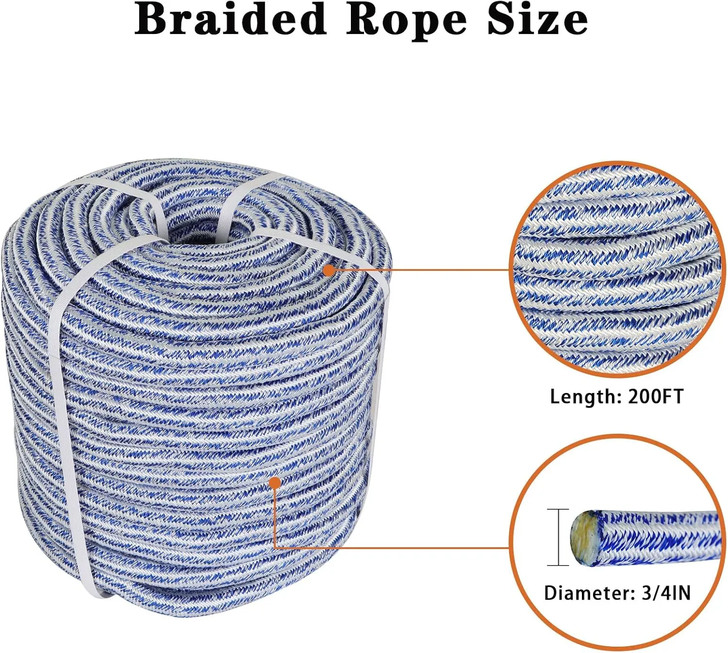 3/4 in x 200FT Arborist Bull Ropes, 24 Strand Tree Rope, High Strength Polyester Rope for Garden, Boat, Swing (Blue and White)