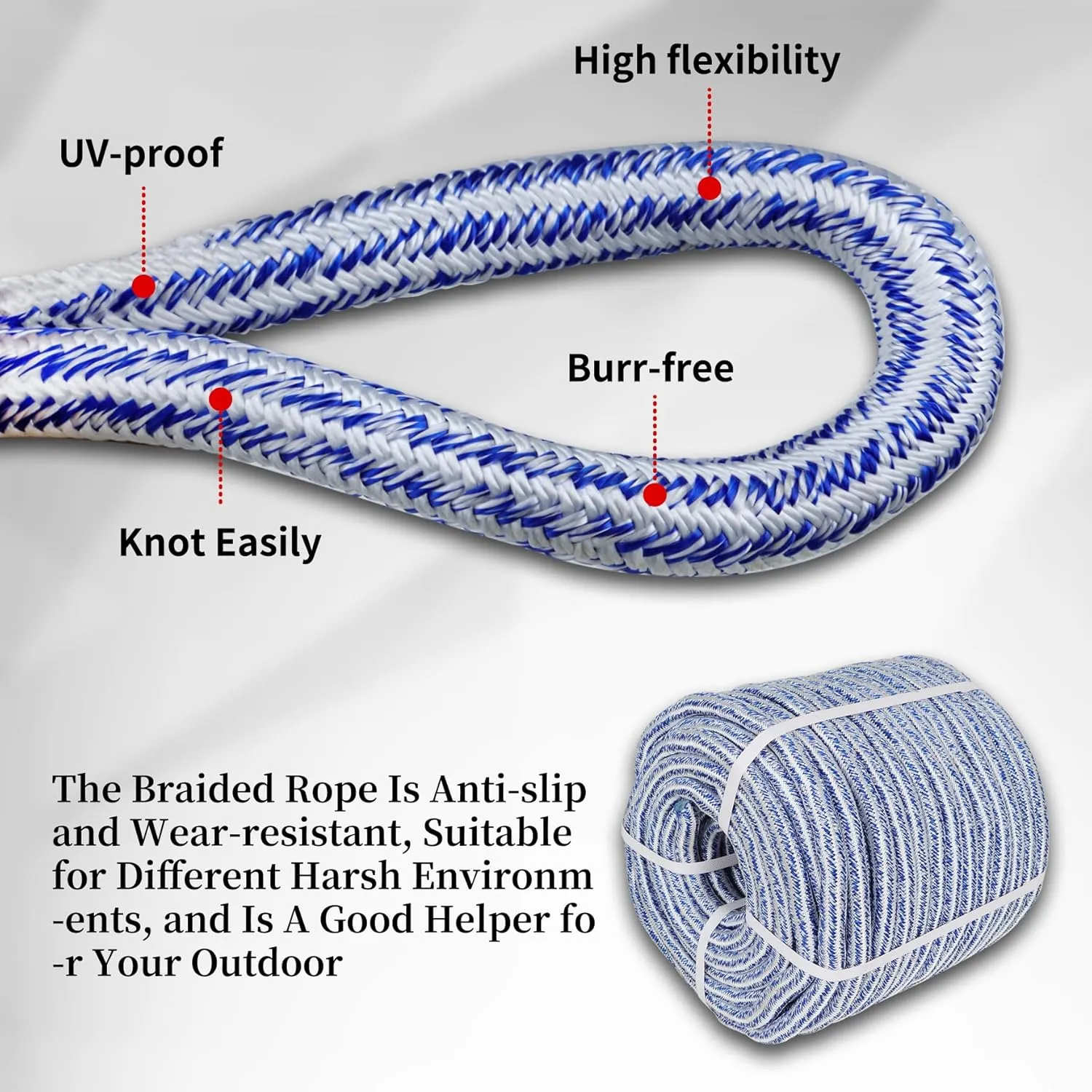 3/4 in x 200FT Arborist Bull Ropes, 24 Strand Tree Rope, High Strength Polyester Rope for Garden, Boat, Swing (Blue and White)
