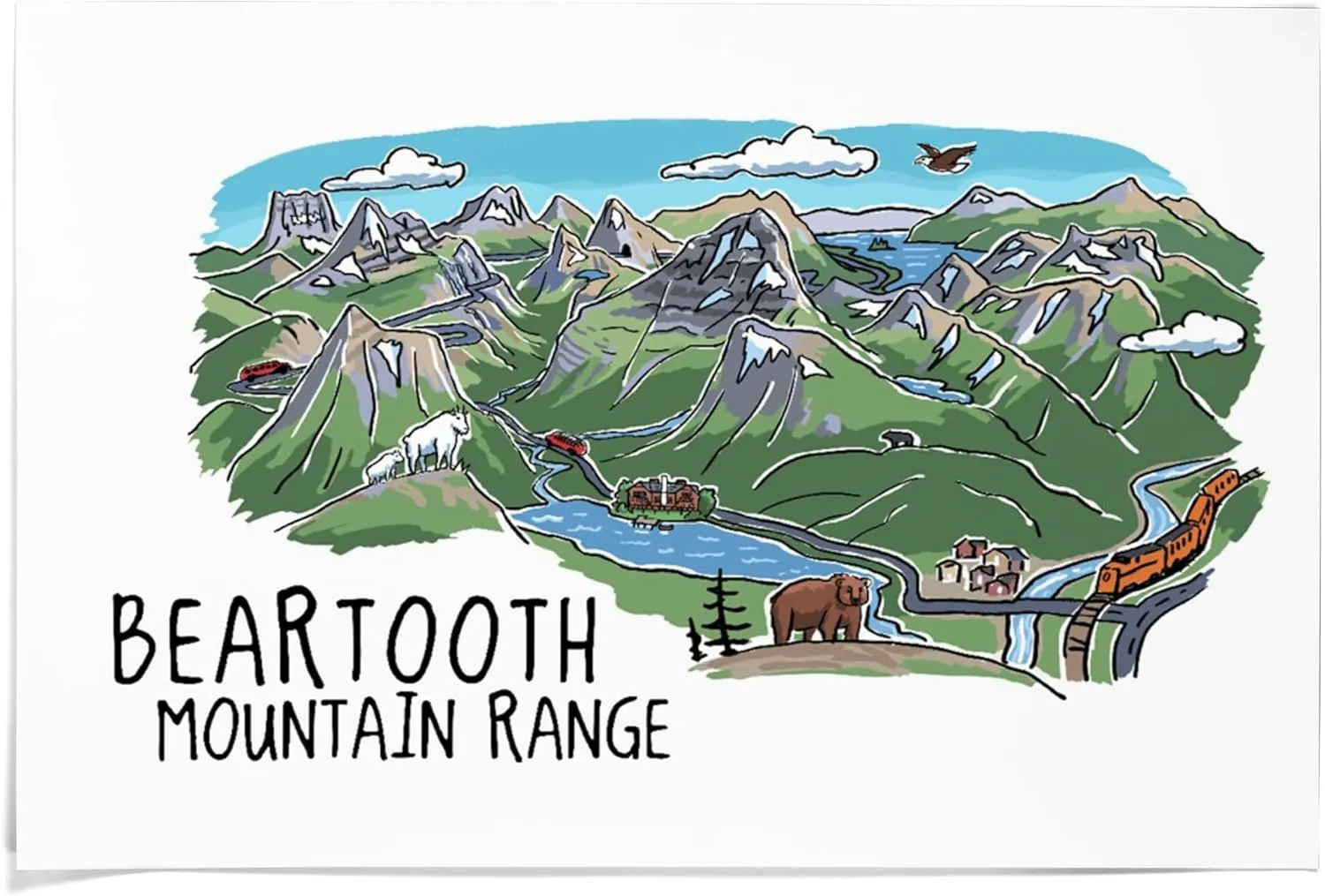 36x54 Inch Giclee Print, Beartooth Mountain Range, Montana, Line Drawing