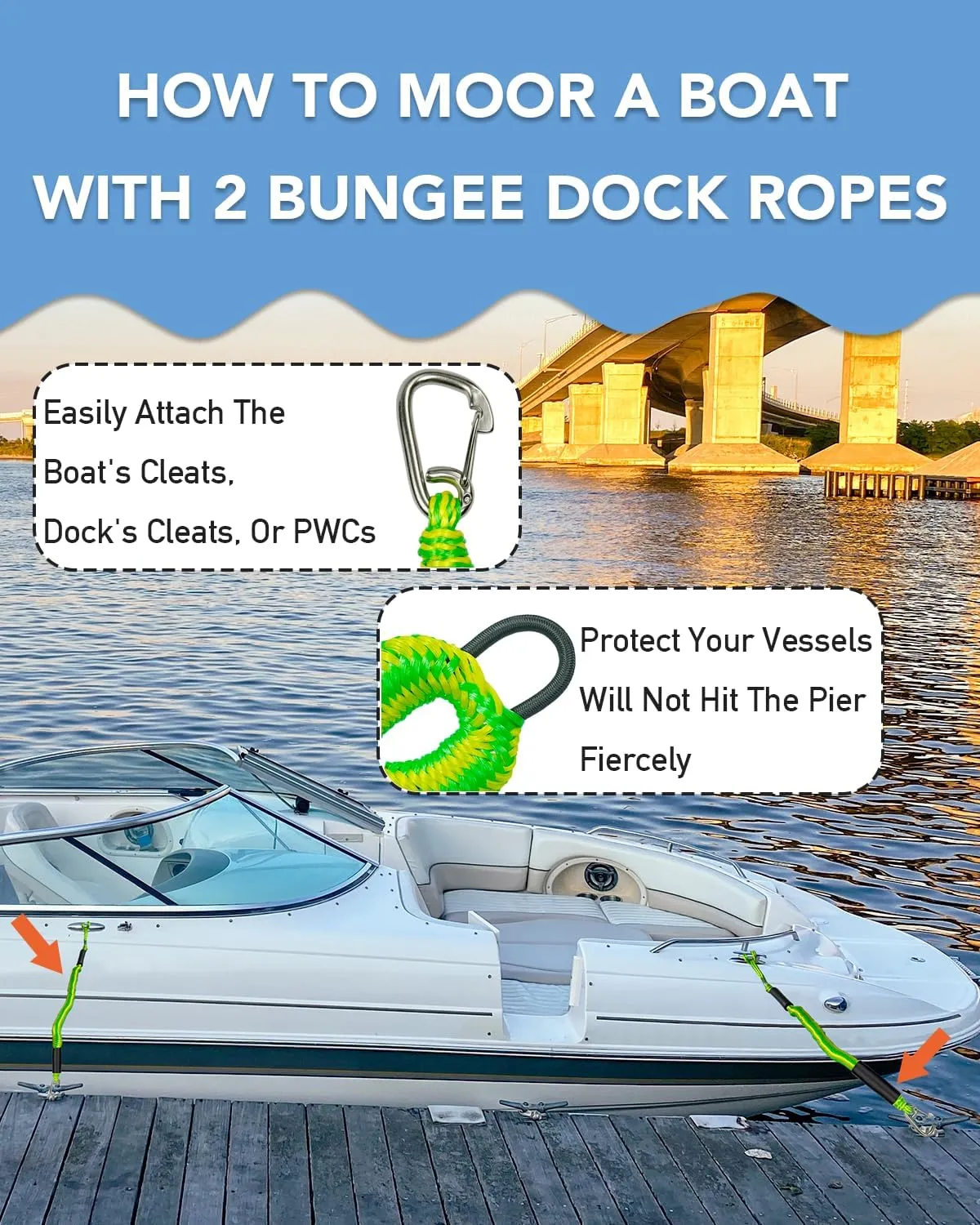 3Feet 2PCS Bungee Boat Dock Lines with 316 Stainless Steel Clip Mooring Ropes Boat Accessories Docking Line for Boats, Fender, Pontoon,Power Boat (Green&Yellow, 3 Feet)